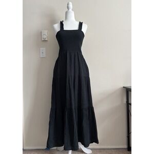 Marine Layer Selene Double Cloth Tiered Maxi Dress Black Size Medium Pockets